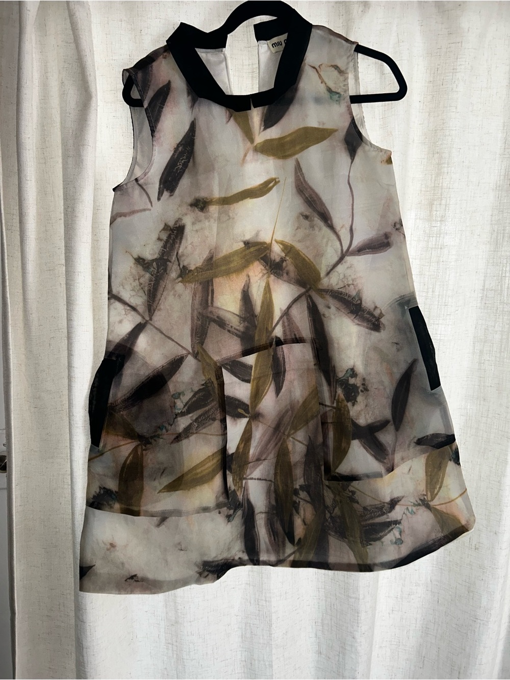Miu Miu Sleeveless Sheer A-Line Dress in Ivory, Olive and Black